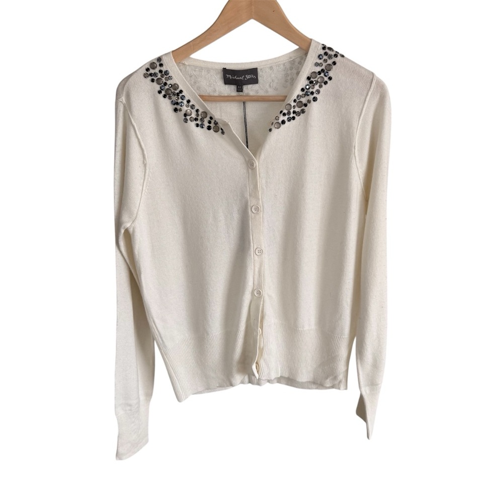 Michael Stars Multi Jeweled White Long Sleeve Cardigan Cashmere Wool Blend M/L